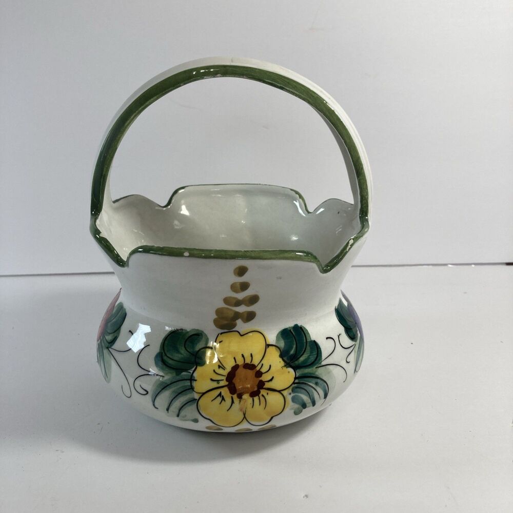 Pottery Basket With Floral Design Made In Italy
